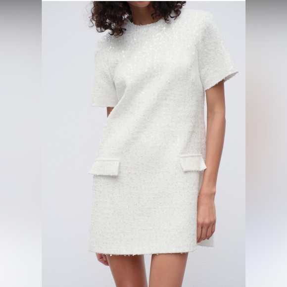 Zara Dresses & Skirts - Zara white sequins fringed short sleeve shift mini dress